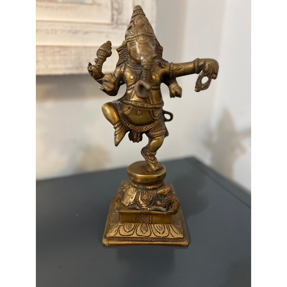 Vintage Brass Dancing Ganesha Statue Hindu Elephant God Figurine 8 Inch